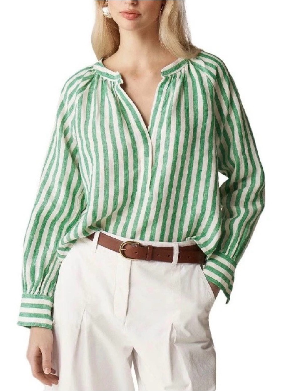 J.Crew Cabana Top in Striped Linen featuring a V-neckline and long sleeves with